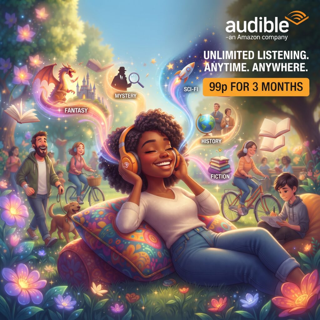 An illustrated square graphic showing a Black woman smiling with eyes closed while wearing headphones outdoors in a magical, sunlit park. Colorful streaming lines from her headphones lead to glowing icons representing genres like fantasy, mystery, sci-fi, history, and fiction. People and pets enjoy nature in the background, and text in the top right corner reads "audible: UNLIMITED LISTENING. ANYTIME. ANYWHERE. 99p FOR 3 MONTHS."