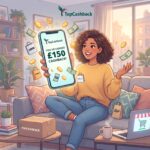 A vibrant, square illustration of a cheerful woman in a yellow sweater sitting on a sofa in a modern living room. She holds up a smartphone displaying the TopCashback app with a "YOU'VE EARNED £150 CASHBACK!" message. Floating gold coins, cash, and branded shopping bags from ASOS and eBay surround her. A TopCashback branded delivery box is on the coffee table.