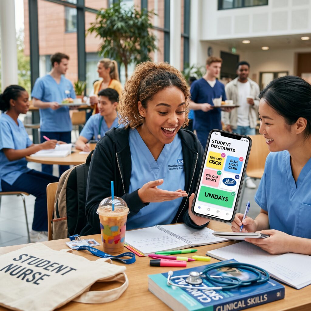 A realistic, square photograph of two young female student nurses in blue NHS scrub tunics sitting at a busy university campus cafe table. The nurse on the left is excitedly showing her smartphone screen to her classmate. The smartphone displays a mock "STUDENT DISCOUNTS" app with badges like "10% OFF ASOS", "BLUE LIGHT CARD", "15% OFF BOOTS", and "UNiDAYS". The table is cluttered with notebooks, highlighters, a textbook titled "CLINICAL SKILLS", and a tote bag that reads "STUDENT NURSE." In the blurred background, other healthcare and university students are socialising and walking through the open, sunlit atrium.