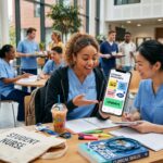 A realistic, square photograph of two young female student nurses in blue NHS scrub tunics sitting at a busy university campus cafe table. The nurse on the left is excitedly showing her smartphone screen to her classmate. The smartphone displays a mock "STUDENT DISCOUNTS" app with badges like "10% OFF ASOS", "BLUE LIGHT CARD", "15% OFF BOOTS", and "UNiDAYS". The table is cluttered with notebooks, highlighters, a textbook titled "CLINICAL SKILLS", and a tote bag that reads "STUDENT NURSE." In the blurred background, other healthcare and university students are socialising and walking through the open, sunlit atrium.