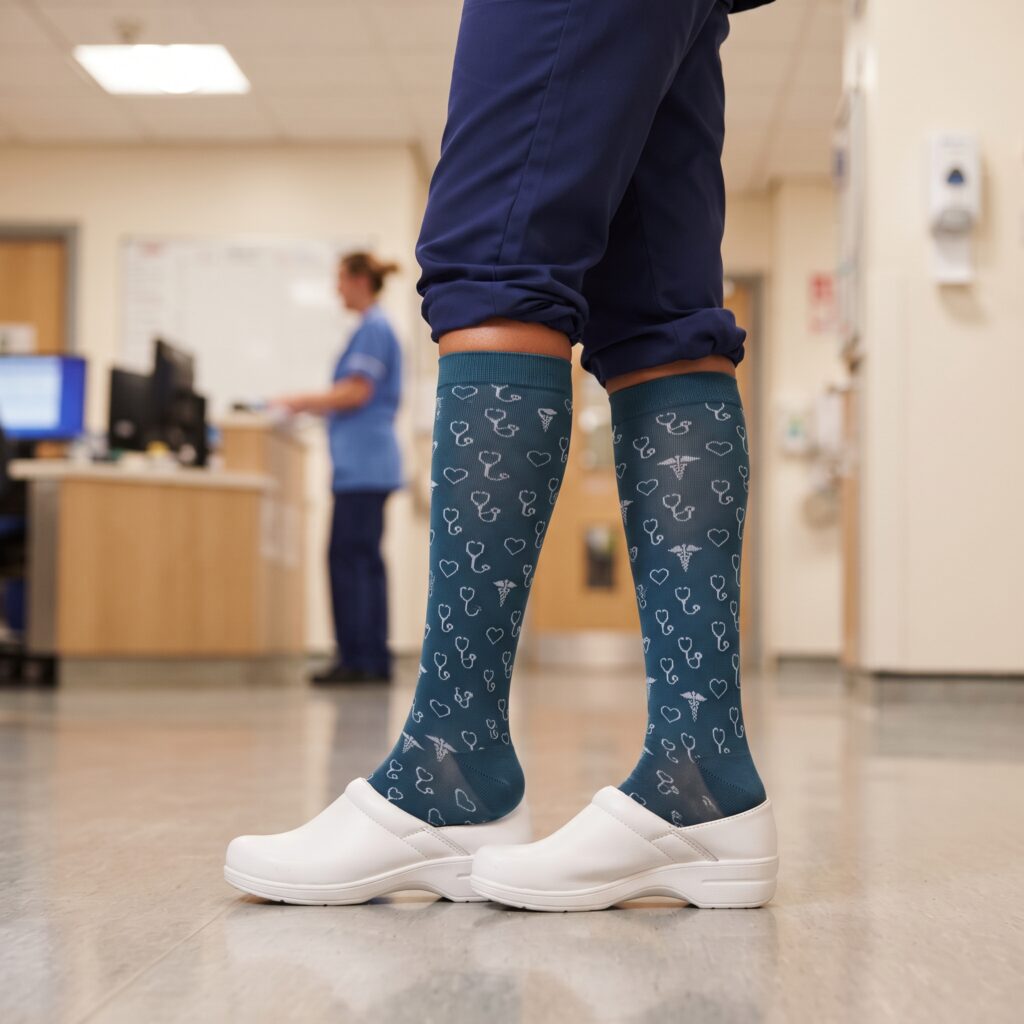 A realistic, square photograph focusing on the lower legs and feet of a nurse standing in a hospital corridor. The nurse wears navy blue scrub pants cuffed above the ankle, knee-high compression socks with a teal background and a white pattern of stethoscopes, hearts, and medical symbols, and clean white nursing clogs. A blurred figure of another healthcare worker is visible at a desk in the background.